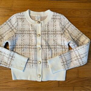 Abercrombie Kids Cream and Tan Plaid sweater jacket with faux pearl buttons